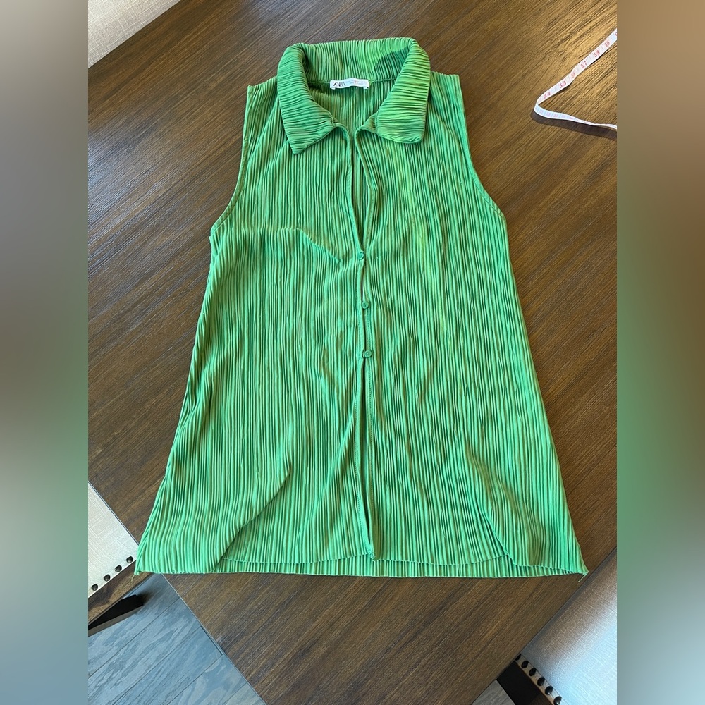 Zara Pleated Green Collared Blouse